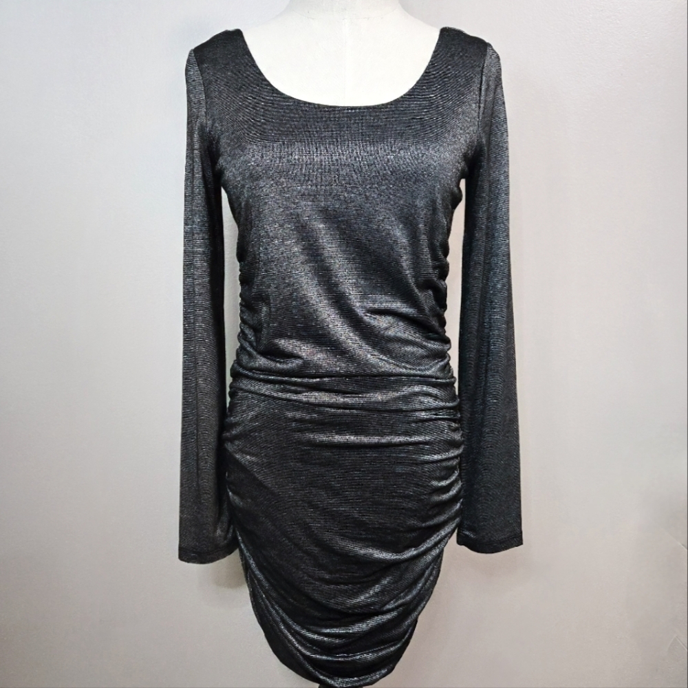 🔥FINAL💲⬇️Splendid Silver Ruched Long Sleeve Mini Dress, Size M ~ NWT